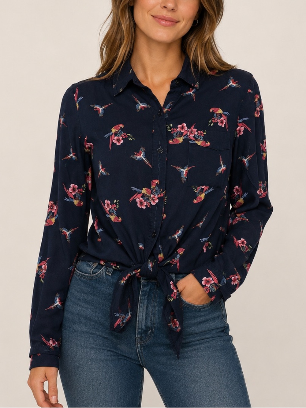 Love Notes Tropical Parrot Print Shirt | Tie Waist | Vibrant & Breezy - Small